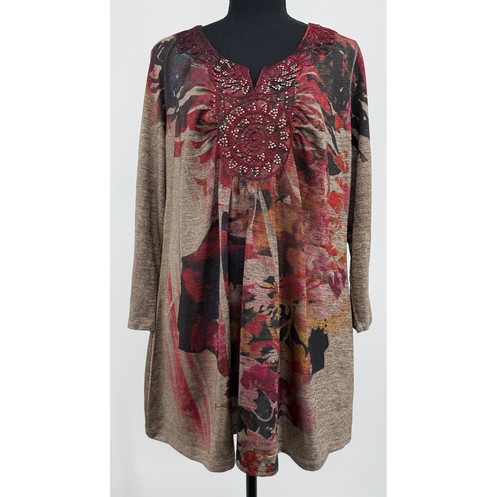 OneWorld Live and Let Live Floral Artsy Embellished 3/4 Sleeves 2X Tunic Boho